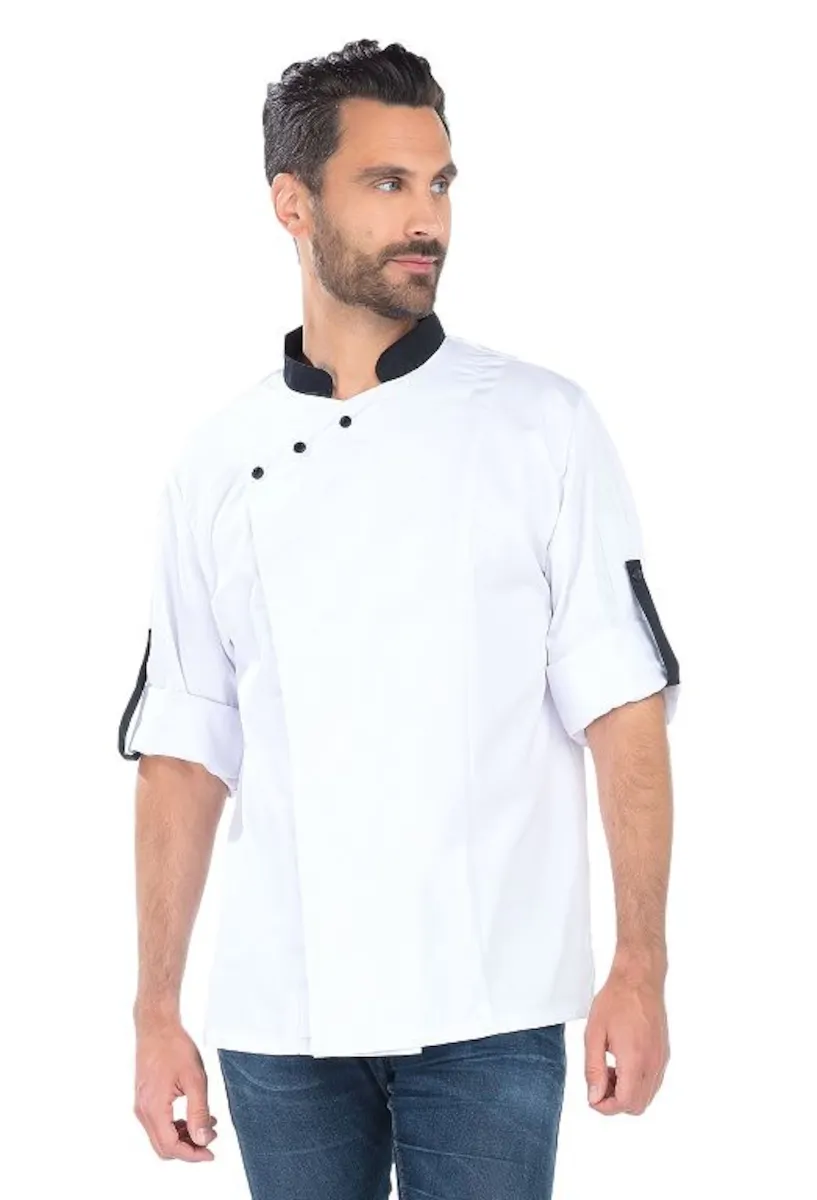 VESTE DE CUISINE FABIO SATIN 50/50 BLANC/NOIR
