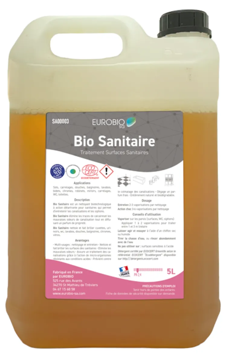 DETARTRANT SURFACES SANITAIRES PH 2,4 ECOCERT - BIDON DE 5L + BOUCHON DOSEUR