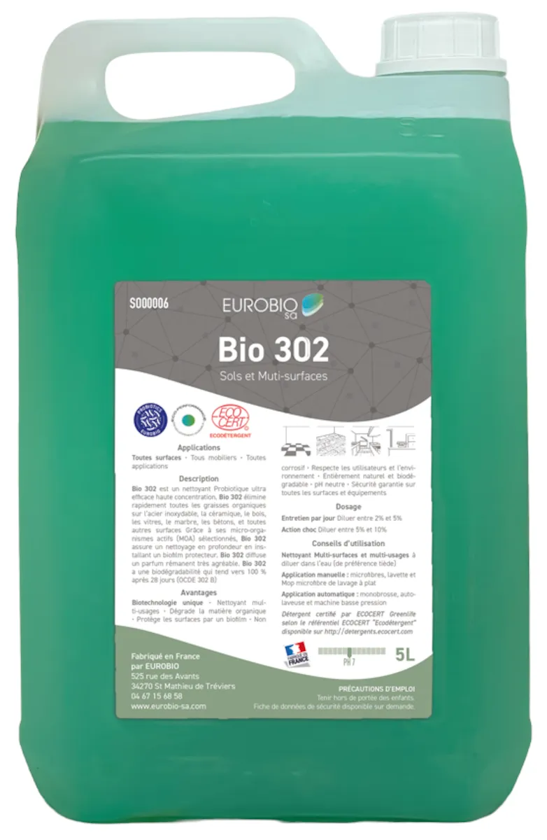 SOLS ET MULTI SURFACES 302 PROBIOTIQUES - BIDON DE 5L + BOUCHON DOSEUR