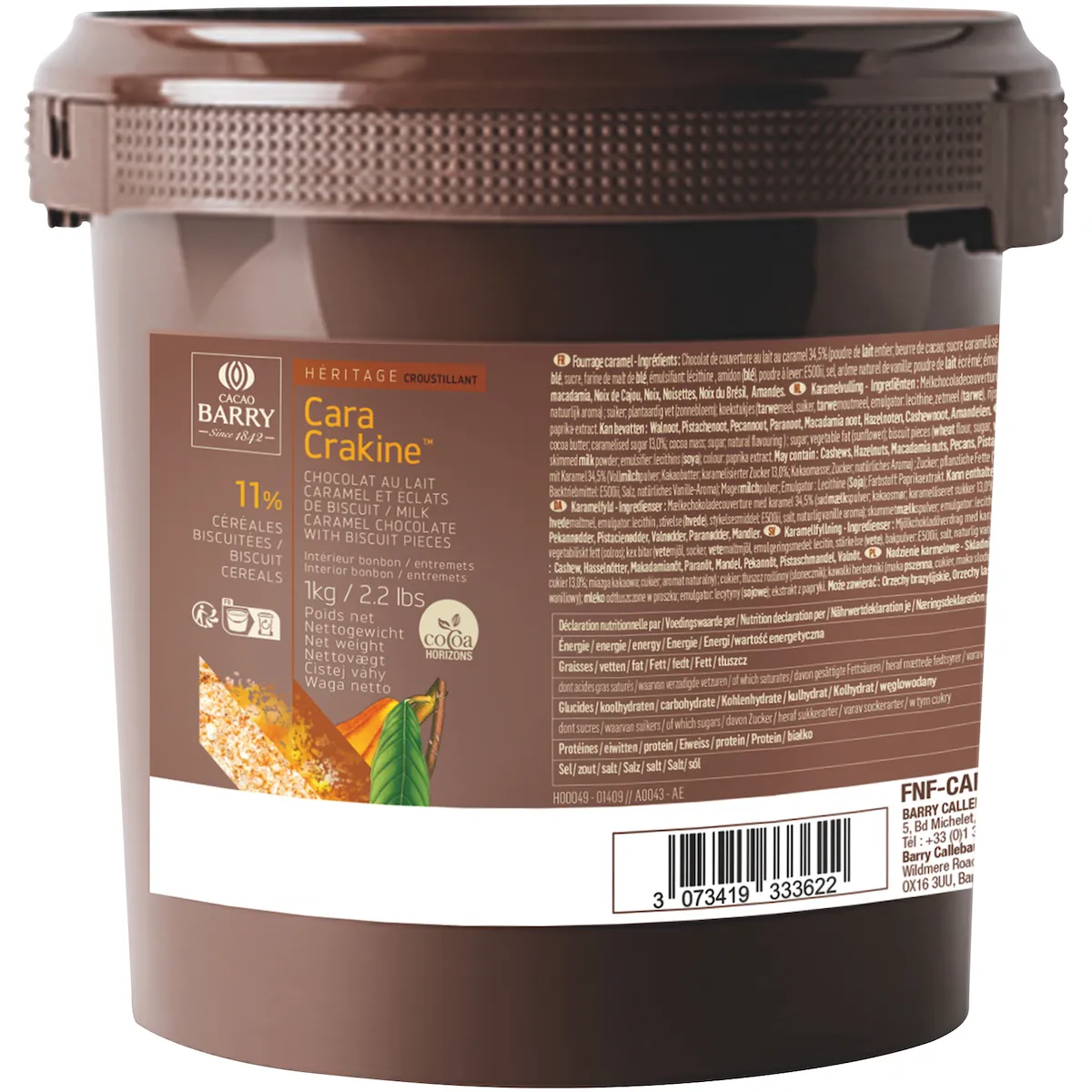 CARA CRAKINE (MELANDE CHOCOLAT AU LAIT CARAMEL+CEREALES BISCUITEES) SEAU 1KG