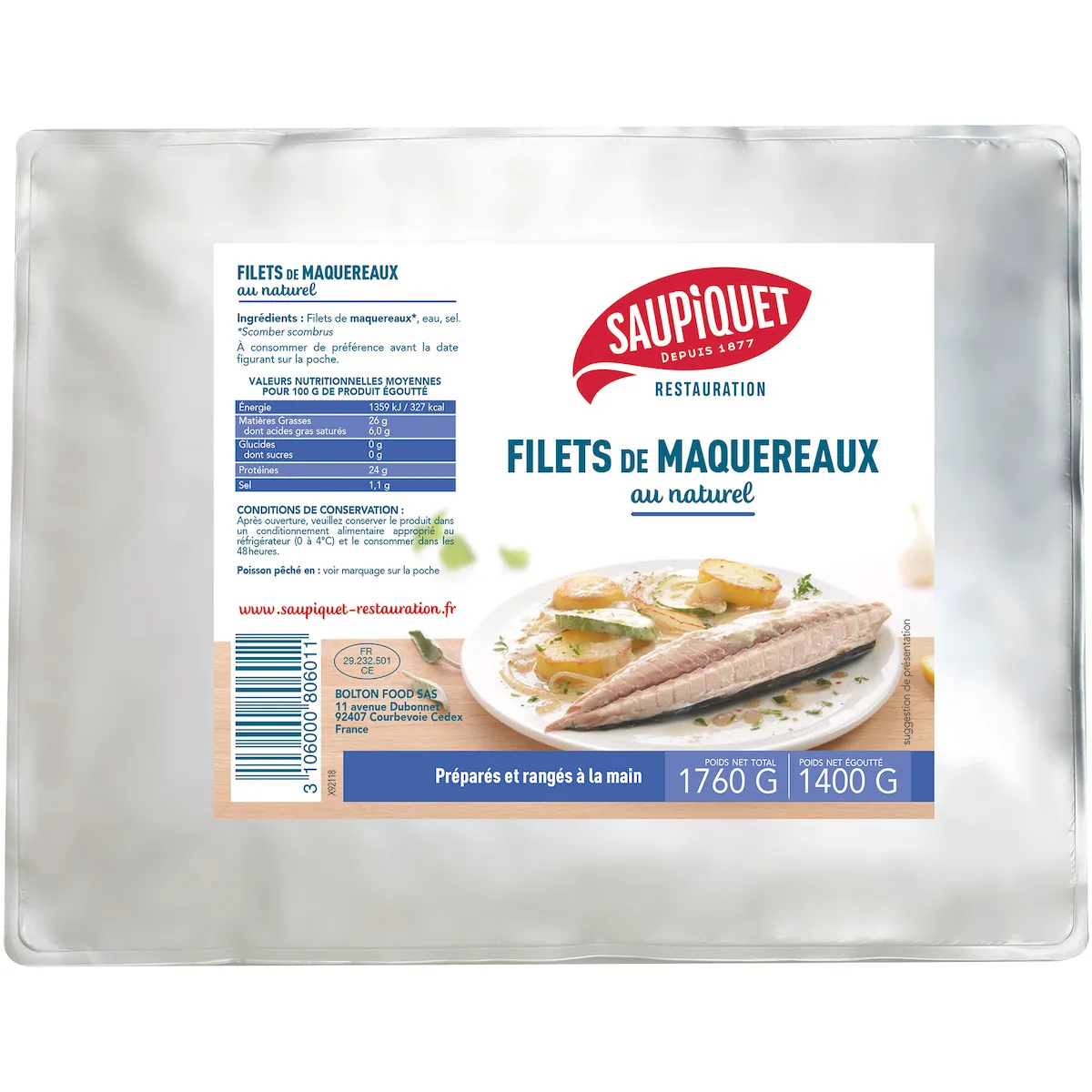 FILETS DE MAQUEREAUX ENTIERS AU NATUREL POCHE 3/1