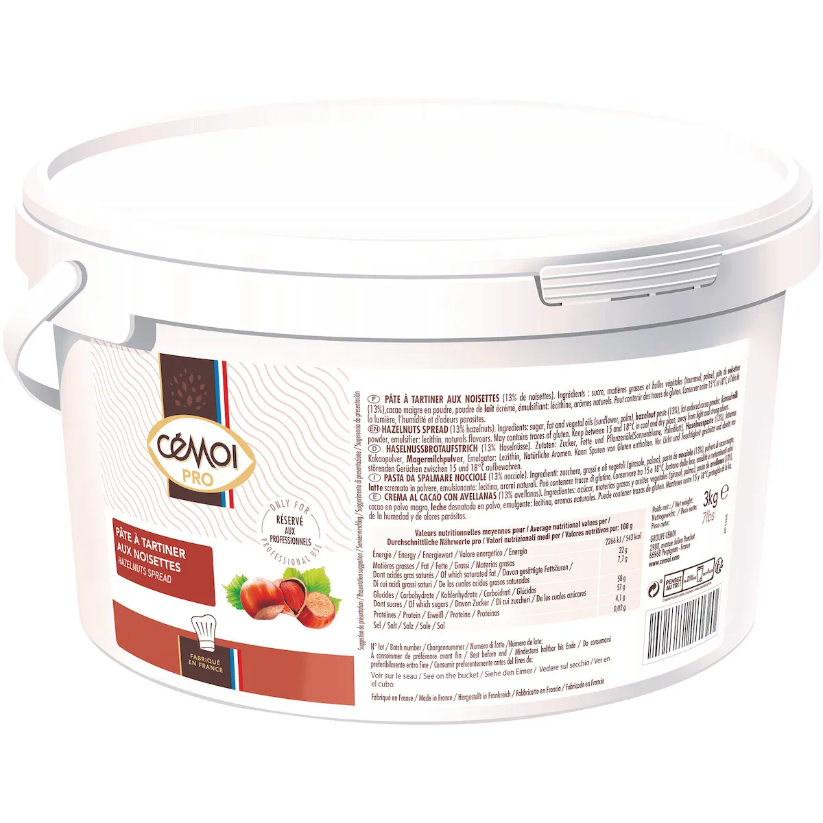 PATE A TARTINER 13% NOISETTES - SEAU PLASTIQUE 3KG