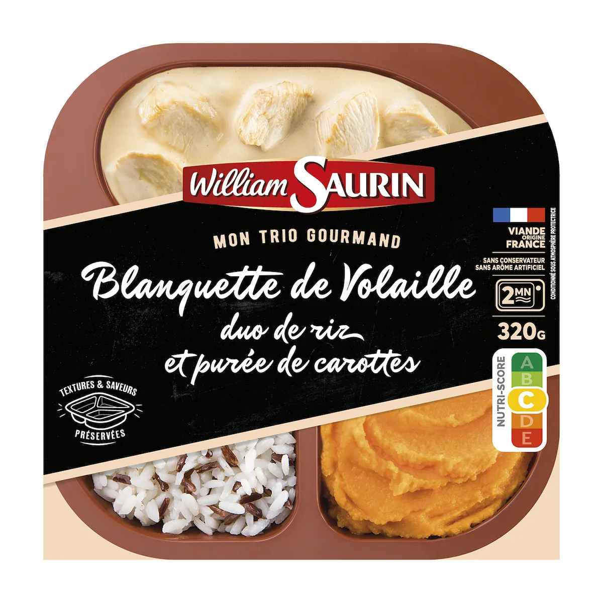 BLANQUETTE DE VOLAILLE, DUO DE RIZ ET PURÉE DE CAROTTES 320G