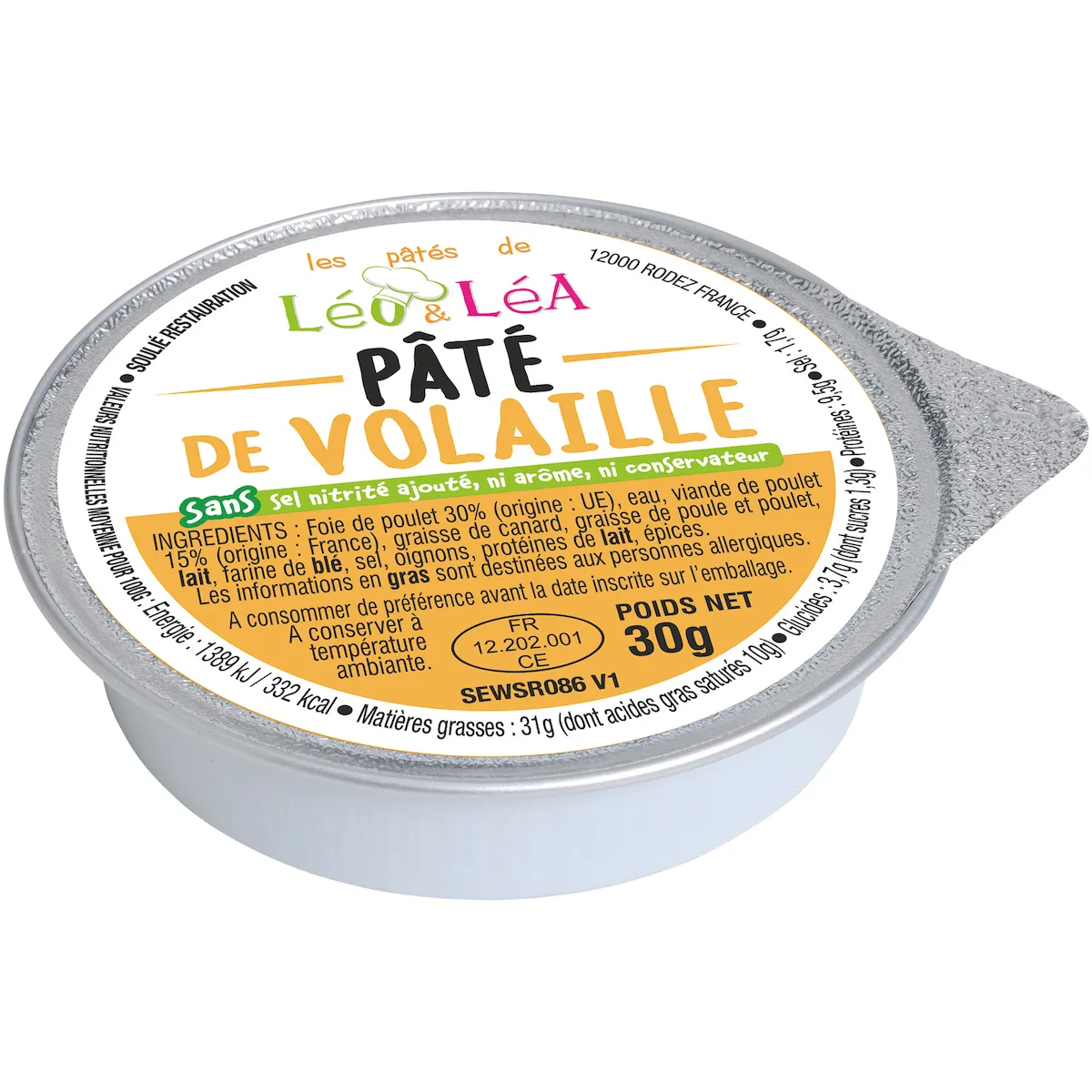 PATE DE VOLAILLE SANS PORC SANS BOEUF 30G