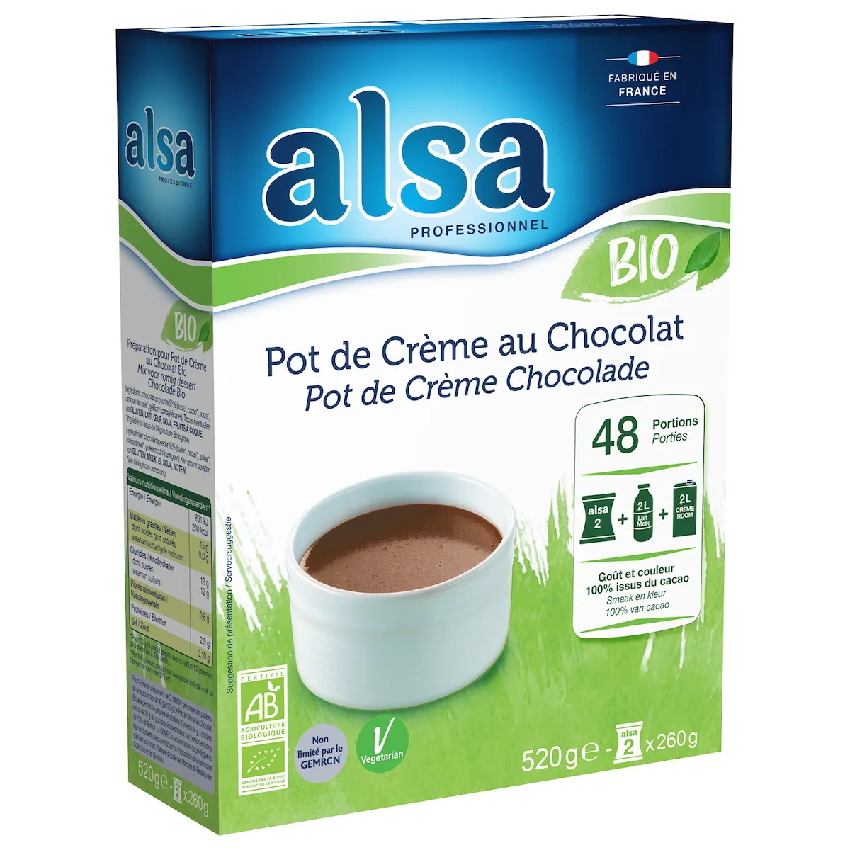 POT DE CREME AU CHOCOLAT BIO 520GR 48 PORTIONS