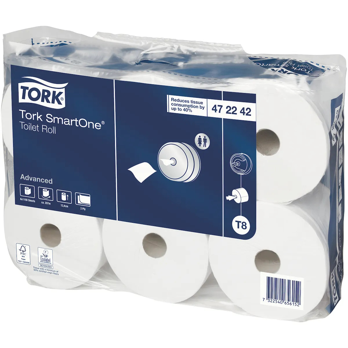 ROULEAU PAPIER TOILETTE 2 PLIS BLANC 1150 FORMATS SMARTONE T8 - CARTON DE 6
