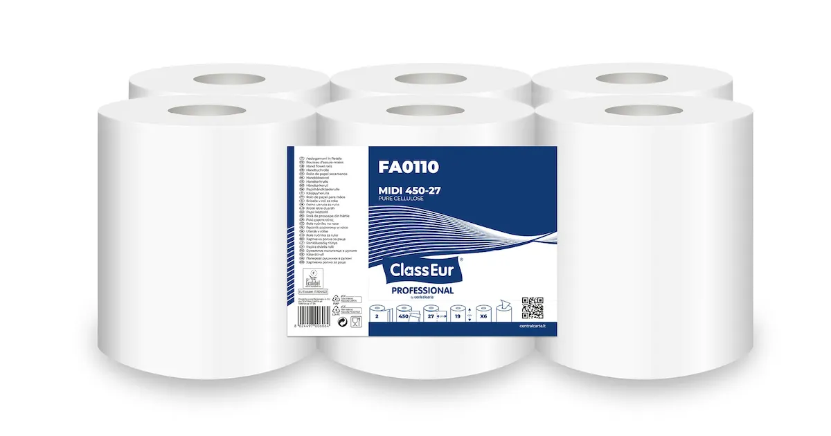 BOBINE D'ESSUYAGE DÉVIDAGE CENTRAL 2 PLIS LISSE BLANC 450 FORMATS X6